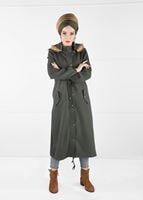 Hijab clothing KHAKI FAUX-FUR-TRIM HOODED TOPCOAT 6351 