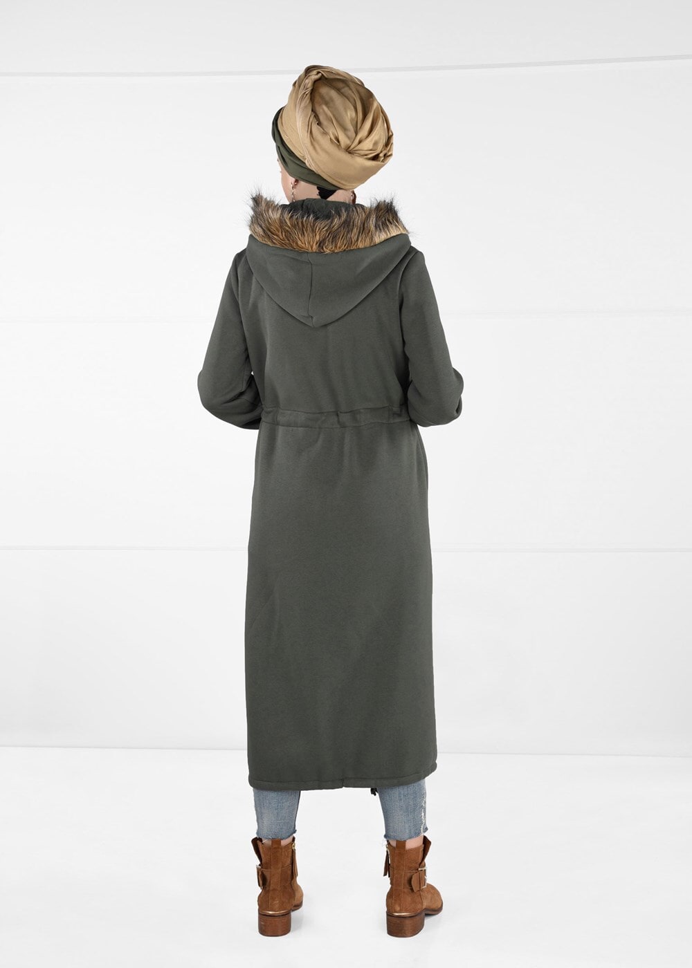 Hijab clothing KHAKI FAUX-FUR-TRIM HOODED TOPCOAT 6351 