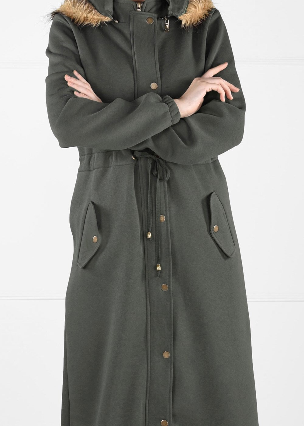 Hijab clothing KHAKI FAUX-FUR-TRIM HOODED TOPCOAT 6351 