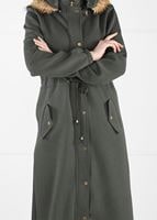 Hijab clothing KHAKI FAUX-FUR-TRIM HOODED TOPCOAT 6351 