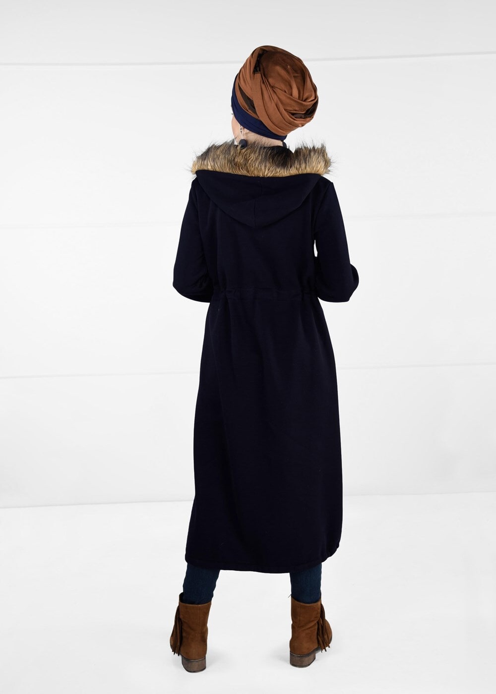Tesettür giyim LACİVERT KAPÜŞONLU KÜRKLÜ TRENÇKOT 6351