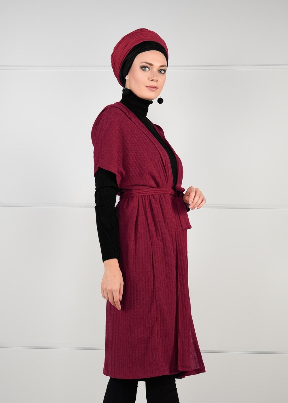 Tesettür giyim BORDO YARASA KOL FİTİLLİ HIRKA 71251 