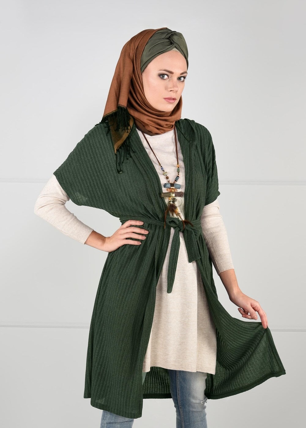 Tesettür giyim HAKİ YARASA KOL FİTİLLİ HIRKA 71251 