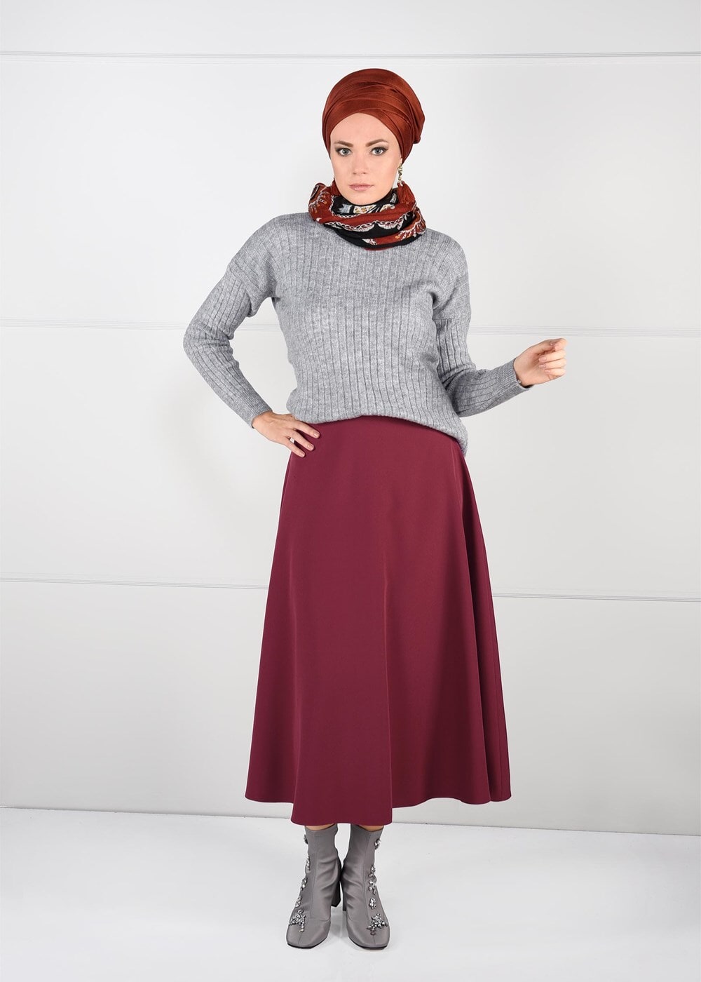 Tesettür giyim GRİ BİSİKLET YAKA TRİKO KAZAK 3091 