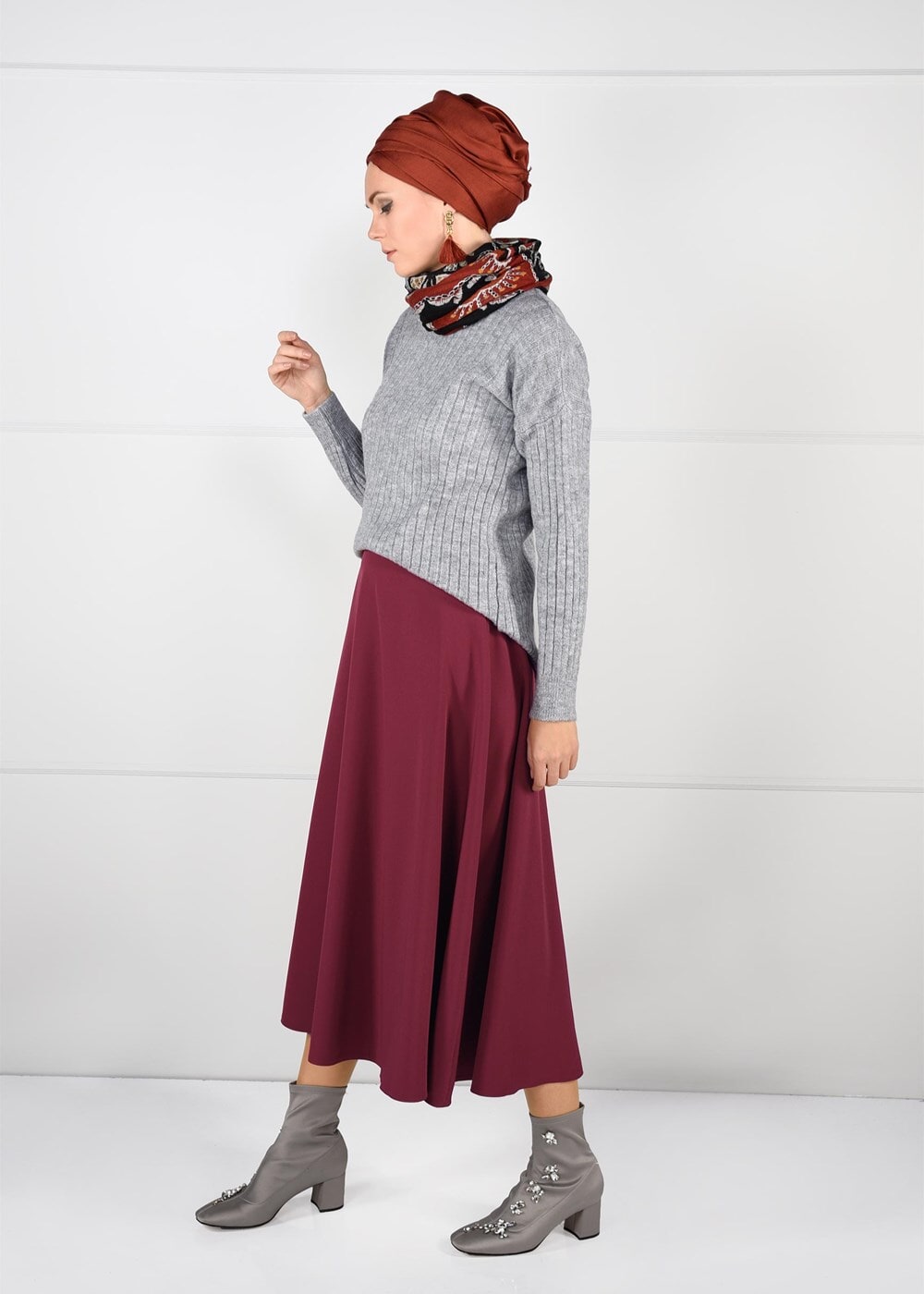 Vêtements hijab GRIS PULL EN TRICOT À COL ROND 3091