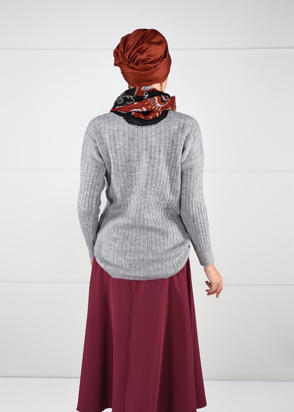 Vêtements hijab GRIS PULL EN TRICOT À COL ROND 3091