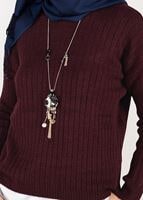 Vêtements hijab ROUGE BORDEAUX PULL EN TRICOT À COL ROND 3091