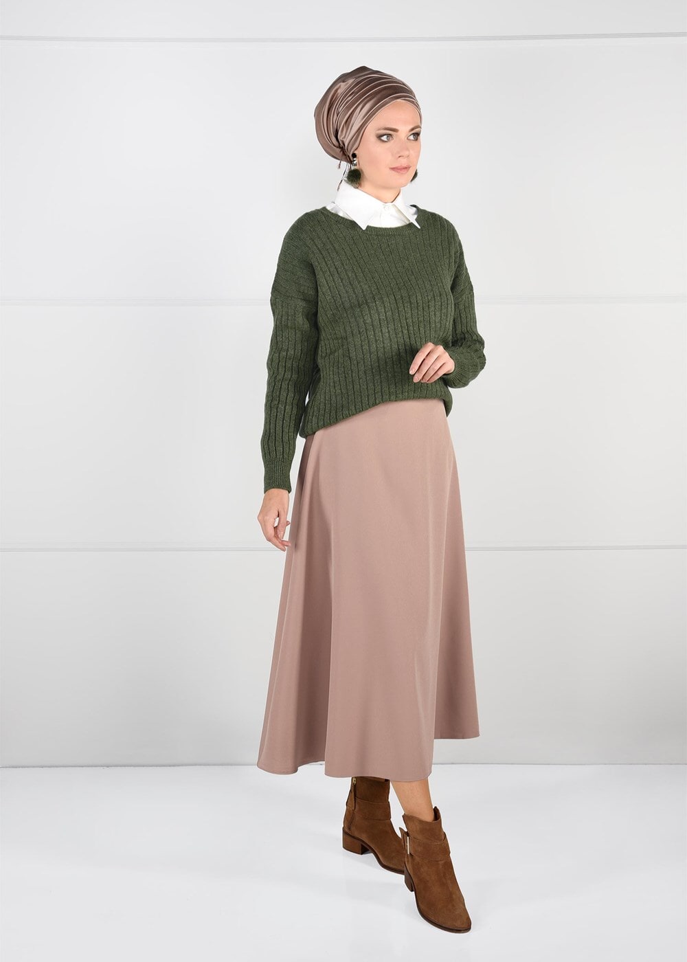 Hijab clothing KHAKI CREW-NECK KNIT SWEATER 3091