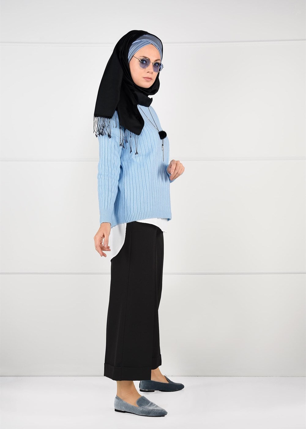 Vêtements hijab BLEU PULL EN TRICOT À COL ROND 3091