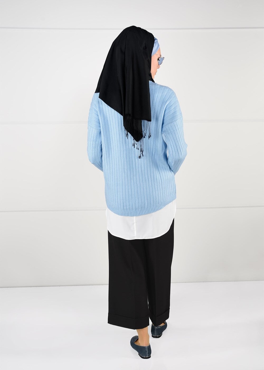 Vêtements hijab BLEU PULL EN TRICOT À COL ROND 3091