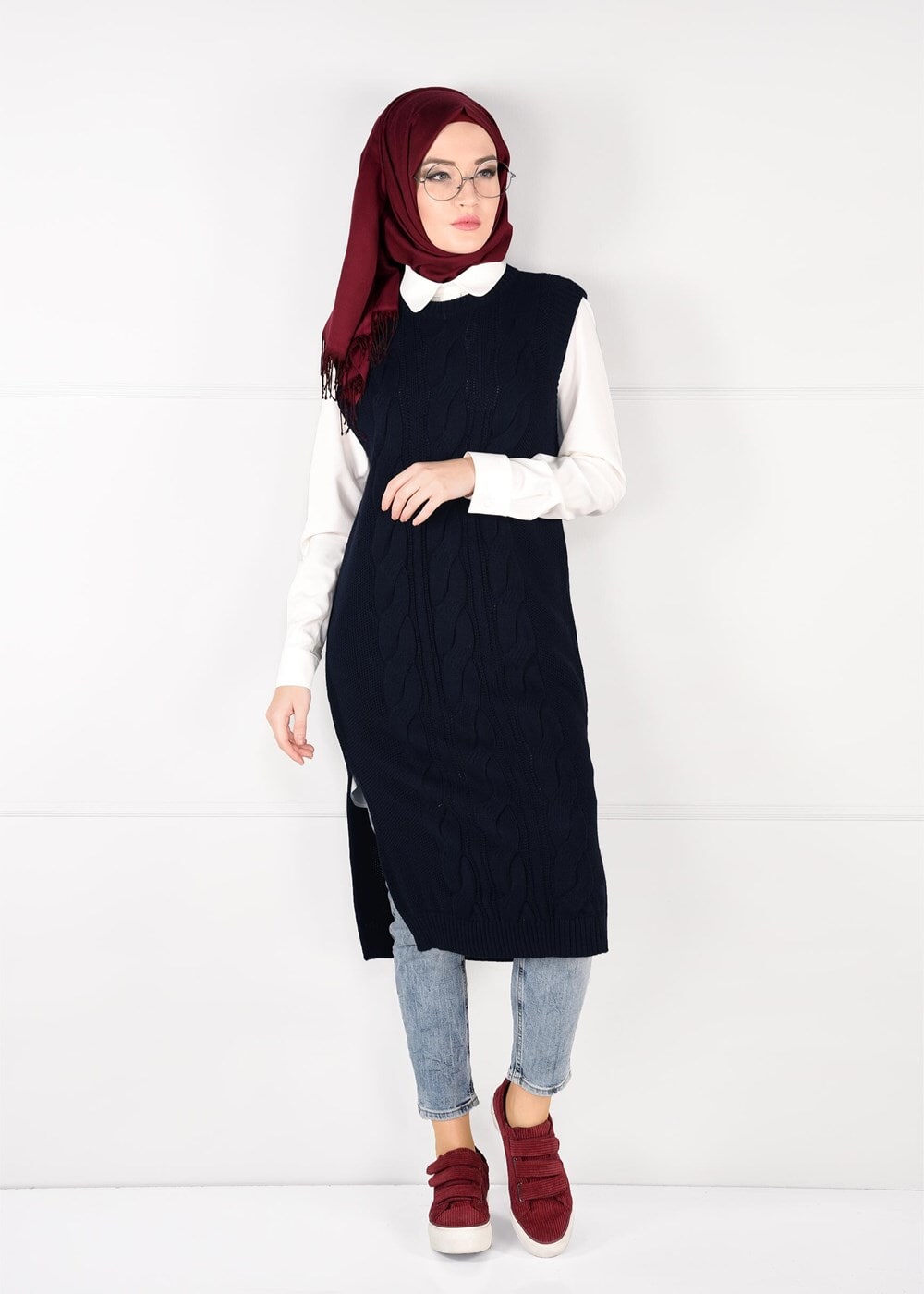 Tesettür giyim LACİVERT YANLARI YIRTMAÇLI TRİKO SÜVETER 6907 