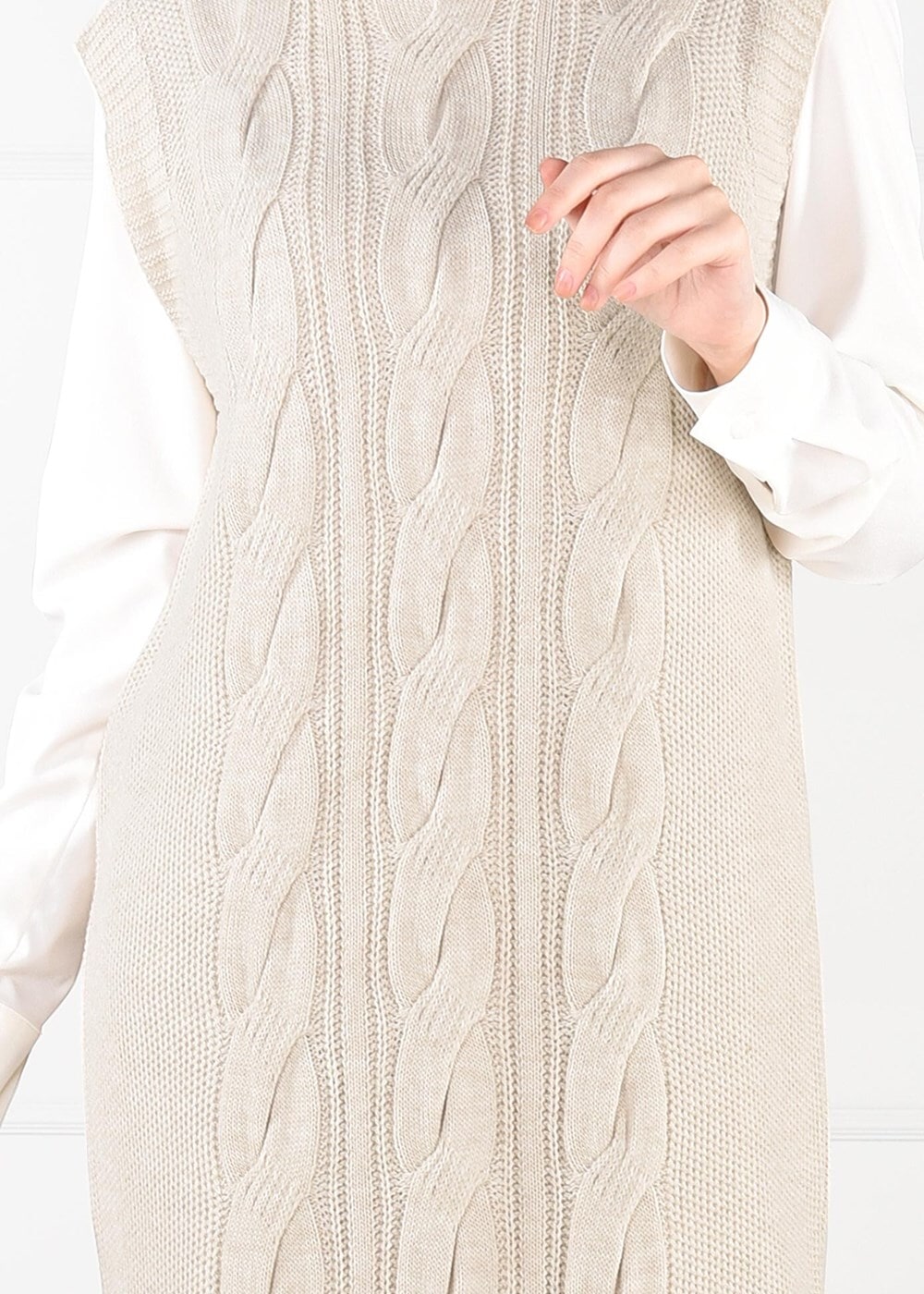 Tesettür giyim BEJ YANLARI YIRTMAÇLI TRİKO SÜVETER 6907 