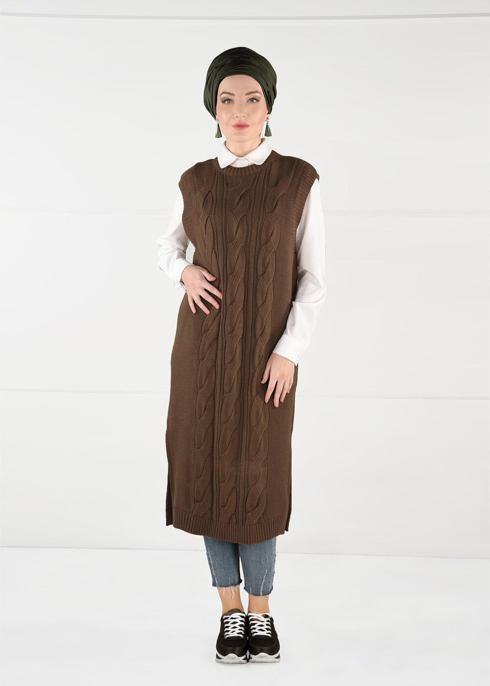 Tesettür giyim TABA YANLARI YIRTMAÇLI TRİKO SÜVETER 6907 