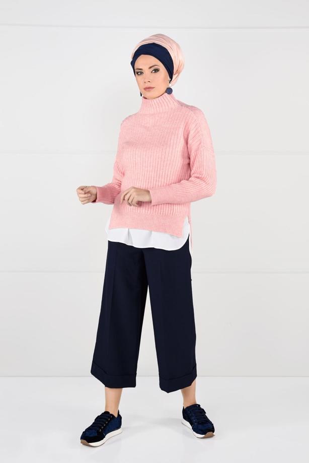 Tesettür giyim  BALIKÇI YAKA FİTİLLİ KAZAK 7091  - TRENDTESETTÜR