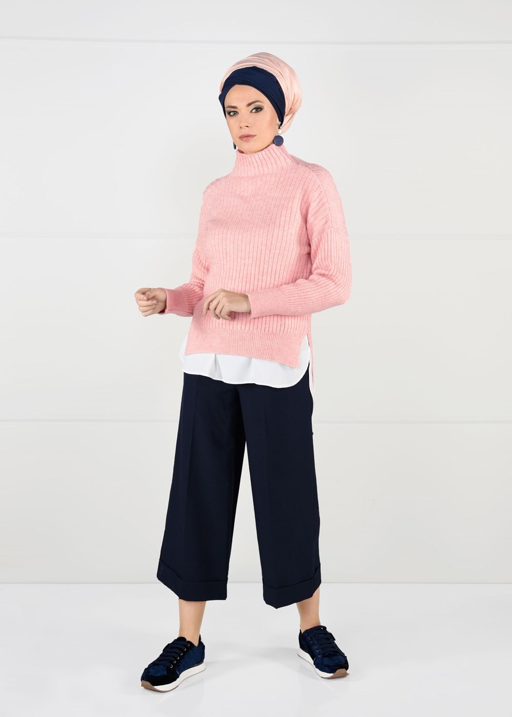 Hijab clothing POWDER Fishing Collar Ribbed Sweater T 7091 