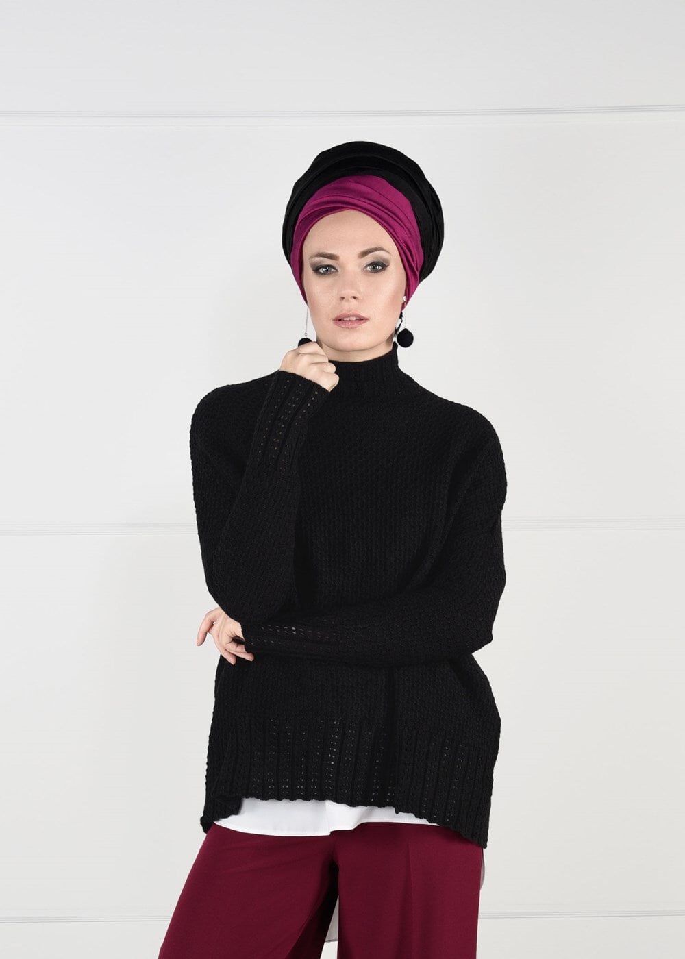Vêtements hijab NOIR PULL EN TRICOT À VOLUME À COL CHEMINÉ 9101 