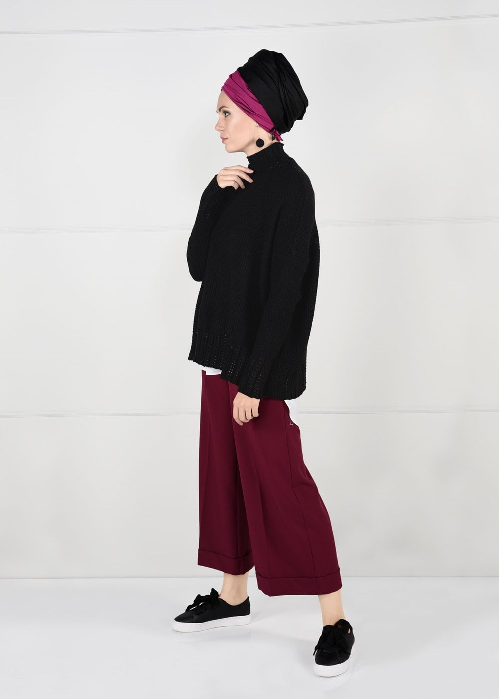 Vêtements hijab NOIR PULL EN TRICOT À VOLUME À COL CHEMINÉ 9101 