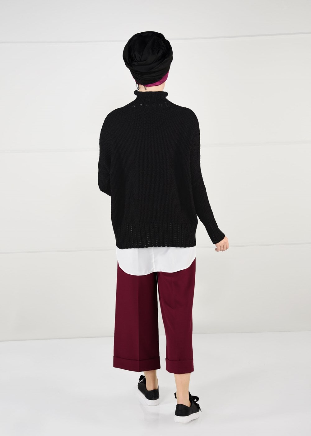 Vêtements hijab NOIR PULL EN TRICOT À VOLUME À COL CHEMINÉ 9101 