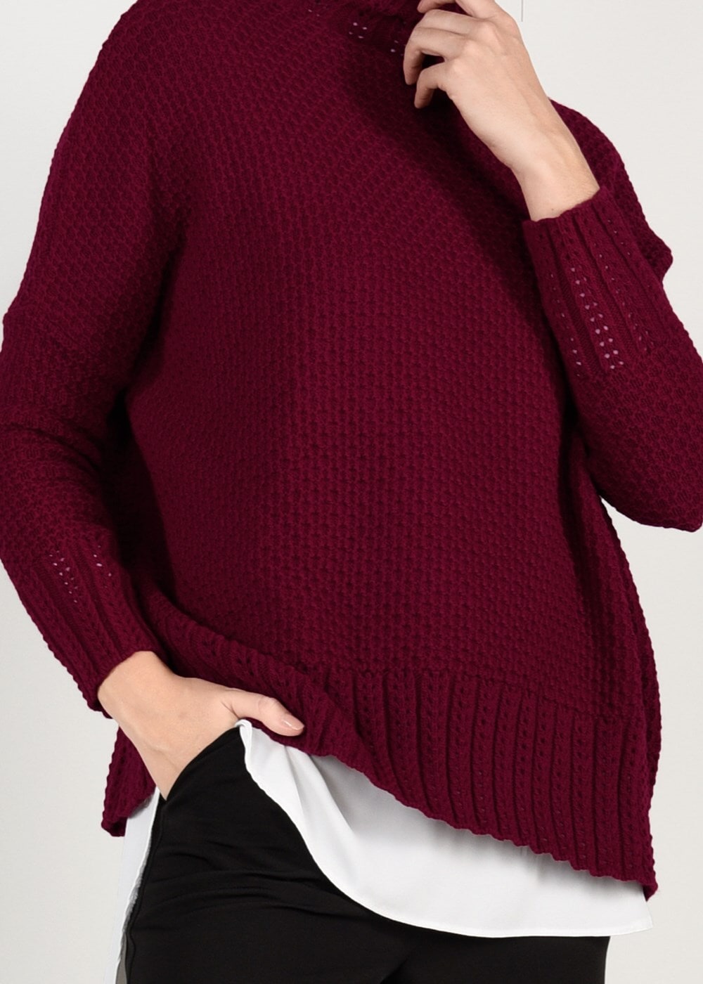 Hijab clothing CLARET RED MOCK-NECK OVERSIZE KNIT SWEATER 9101