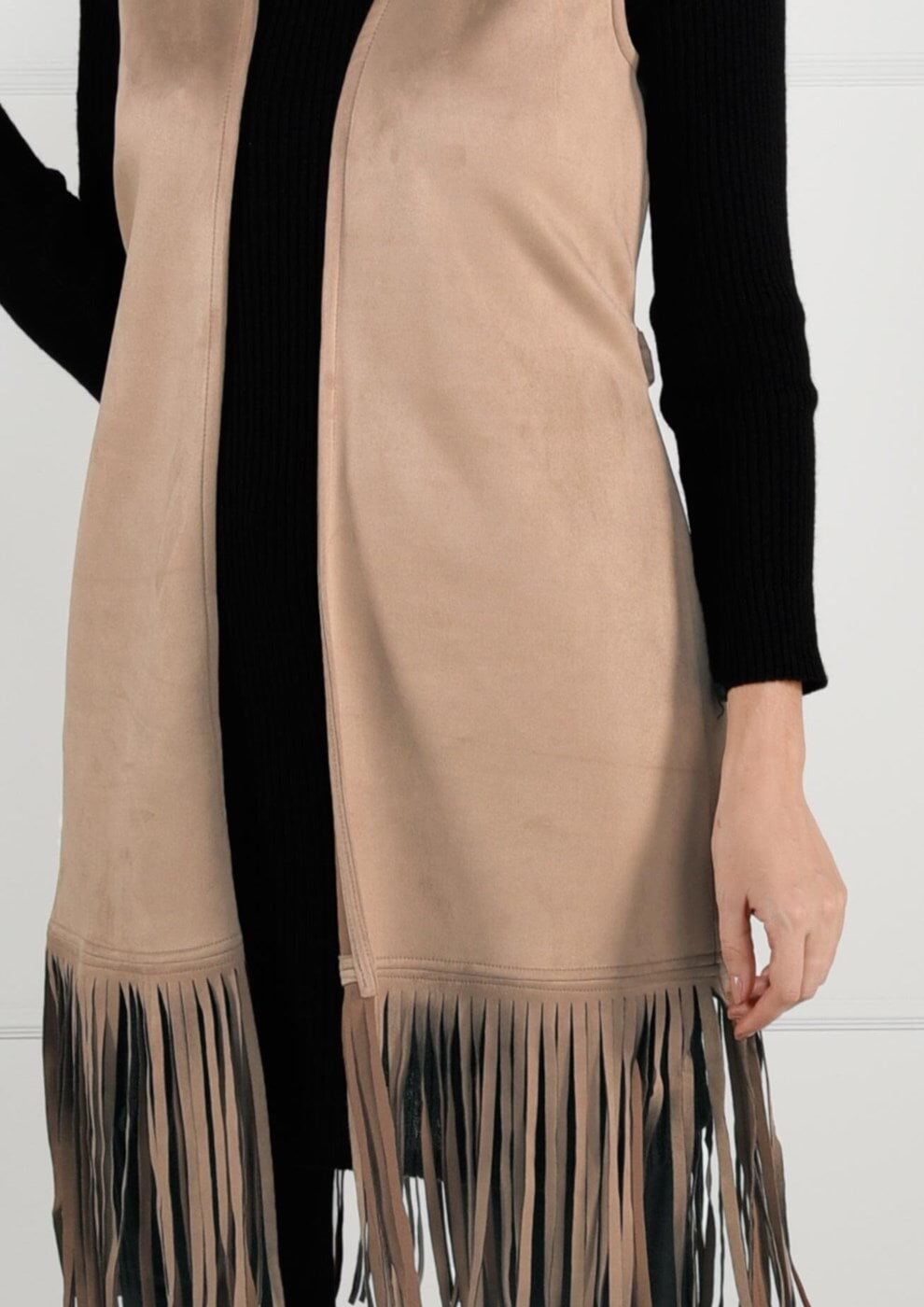 Tesettür giyim BEJ KUŞAKLI PÜSKÜLLÜ SÜET YELEK 36341