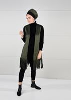 Tesettür giyim HAKİ KUŞAKLI PÜSKÜLLÜ SÜET YELEK 36341