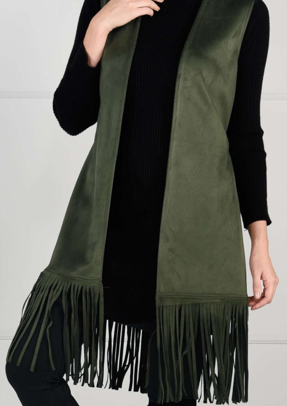 Tesettür giyim HAKİ KUŞAKLI PÜSKÜLLÜ SÜET YELEK 36341