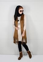 Tesettür giyim KAHVE KUŞAKLI PÜSKÜLLÜ SÜET YELEK 36341