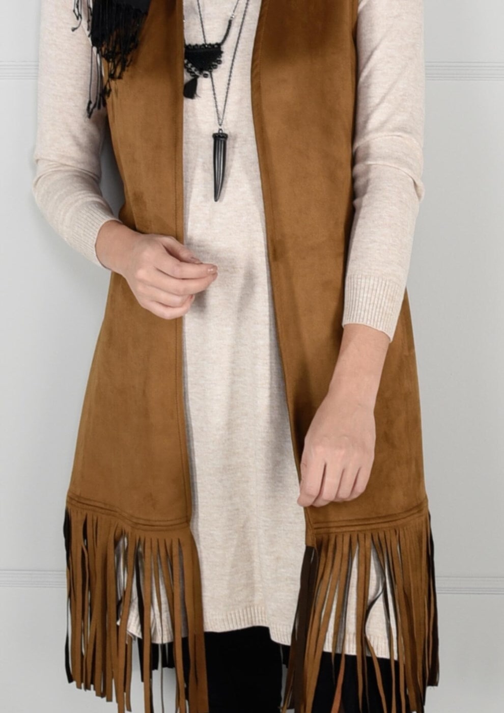 Tesettür giyim KAHVE KUŞAKLI PÜSKÜLLÜ SÜET YELEK 36341