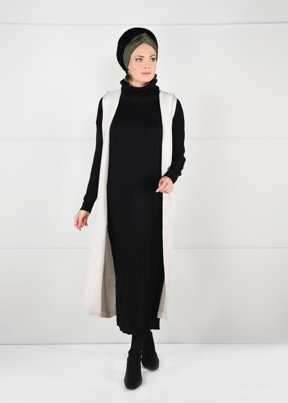 Tesettür giyim BEJ KAPÜŞONLU TRİKO YELEK 55141