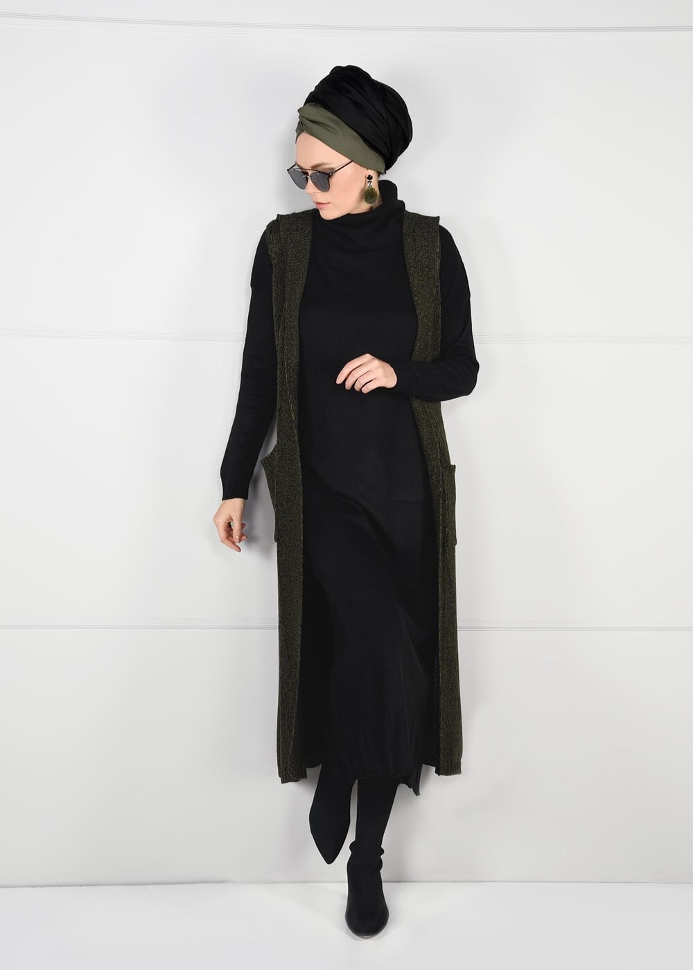 Tesettür giyim HAKİ KAPÜŞONLU TRİKO YELEK 55141