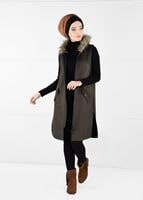 Tesettür giyim HAKİ PELUŞ DETAYLI YIRTMAÇLI SÜET YELEK 94451