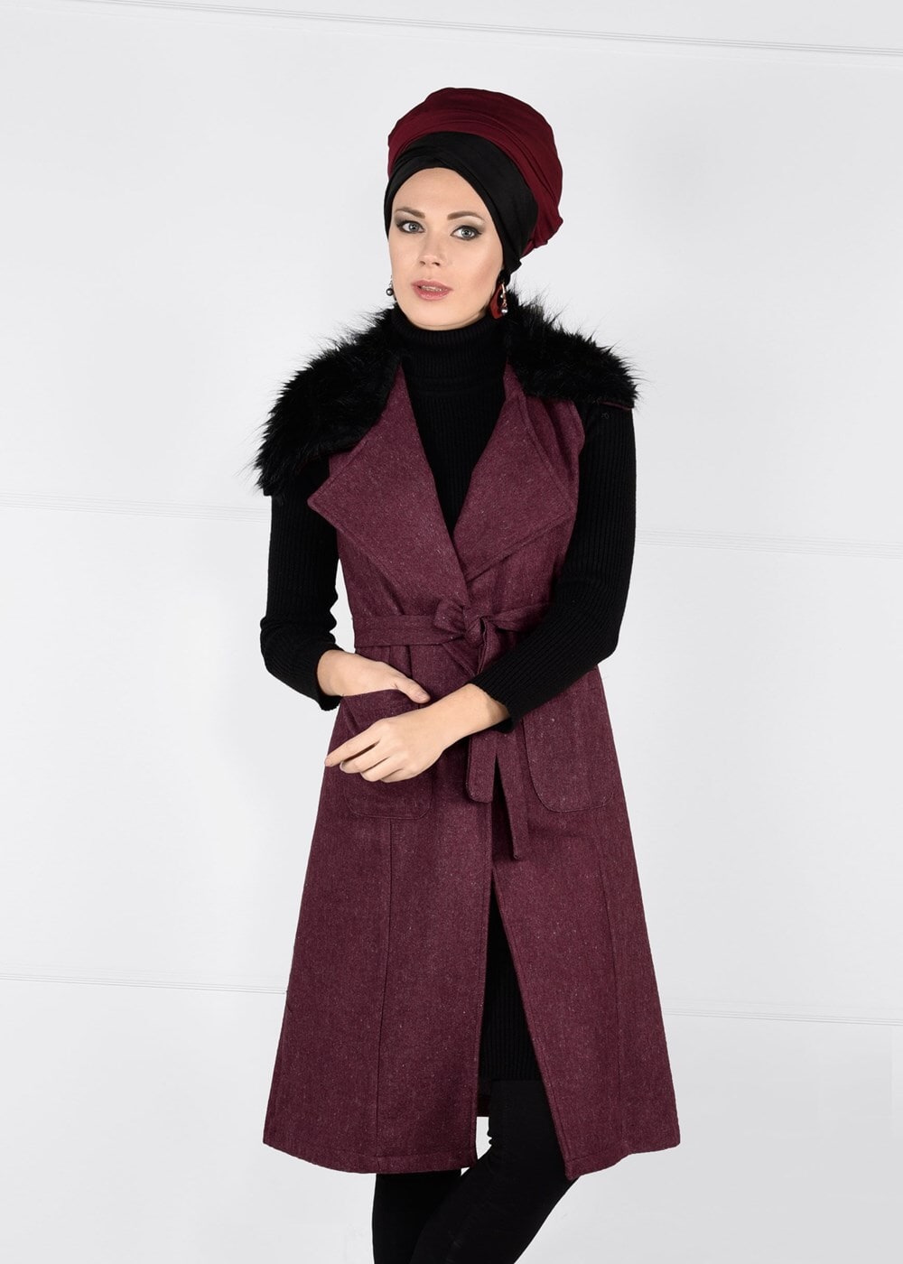 Tesettür giyim BORDO KÜRKLÜ KUŞAKLI YELEK 0748