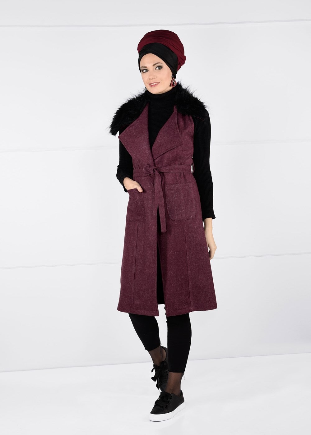 Tesettür giyim BORDO KÜRKLÜ KUŞAKLI YELEK 0748