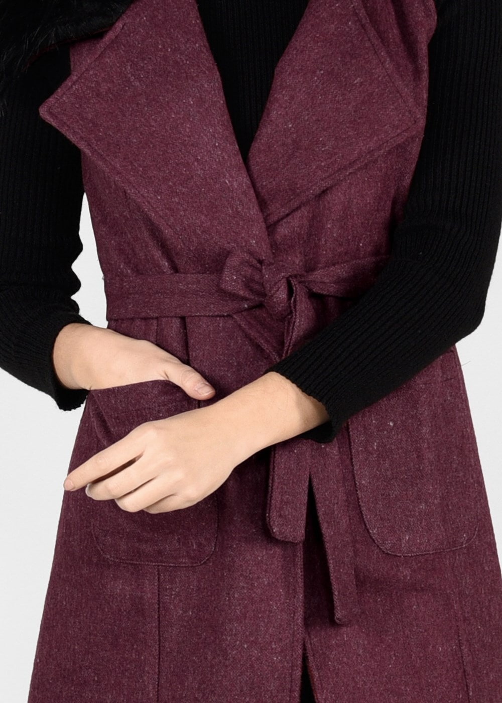 Tesettür giyim BORDO KÜRKLÜ KUŞAKLI YELEK 0748