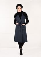 Tesettür giyim LACİVERT KÜRKLÜ KUŞAKLI YELEK 0748