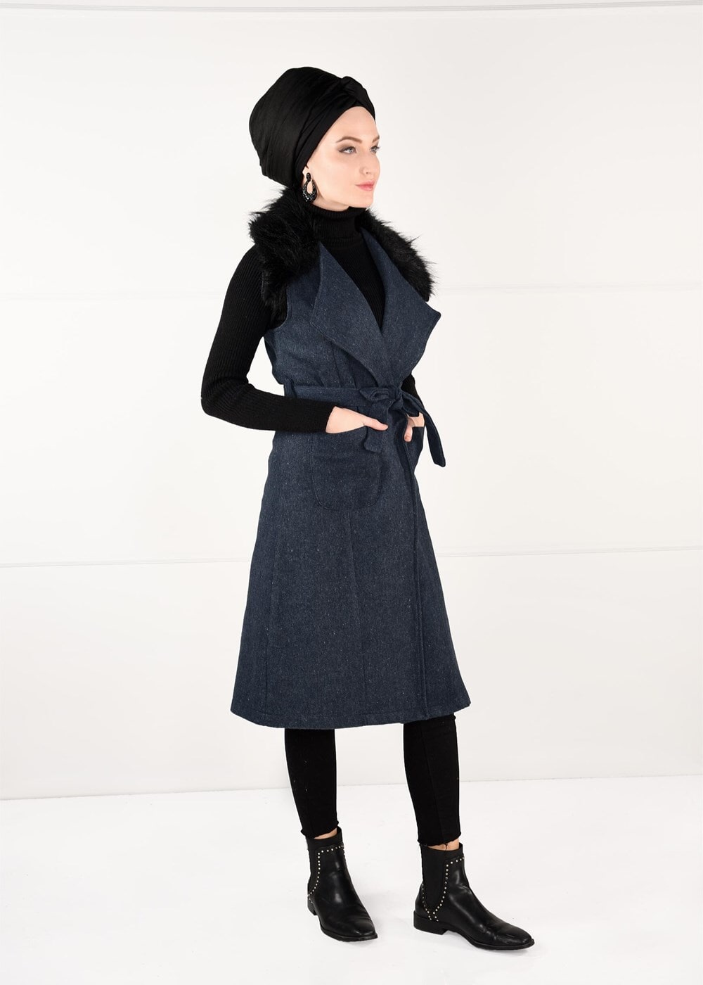 Tesettür giyim LACİVERT KÜRKLÜ KUŞAKLI YELEK 0748