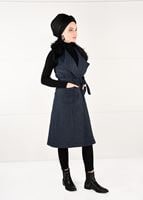 Tesettür giyim LACİVERT KÜRKLÜ KUŞAKLI YELEK 0748