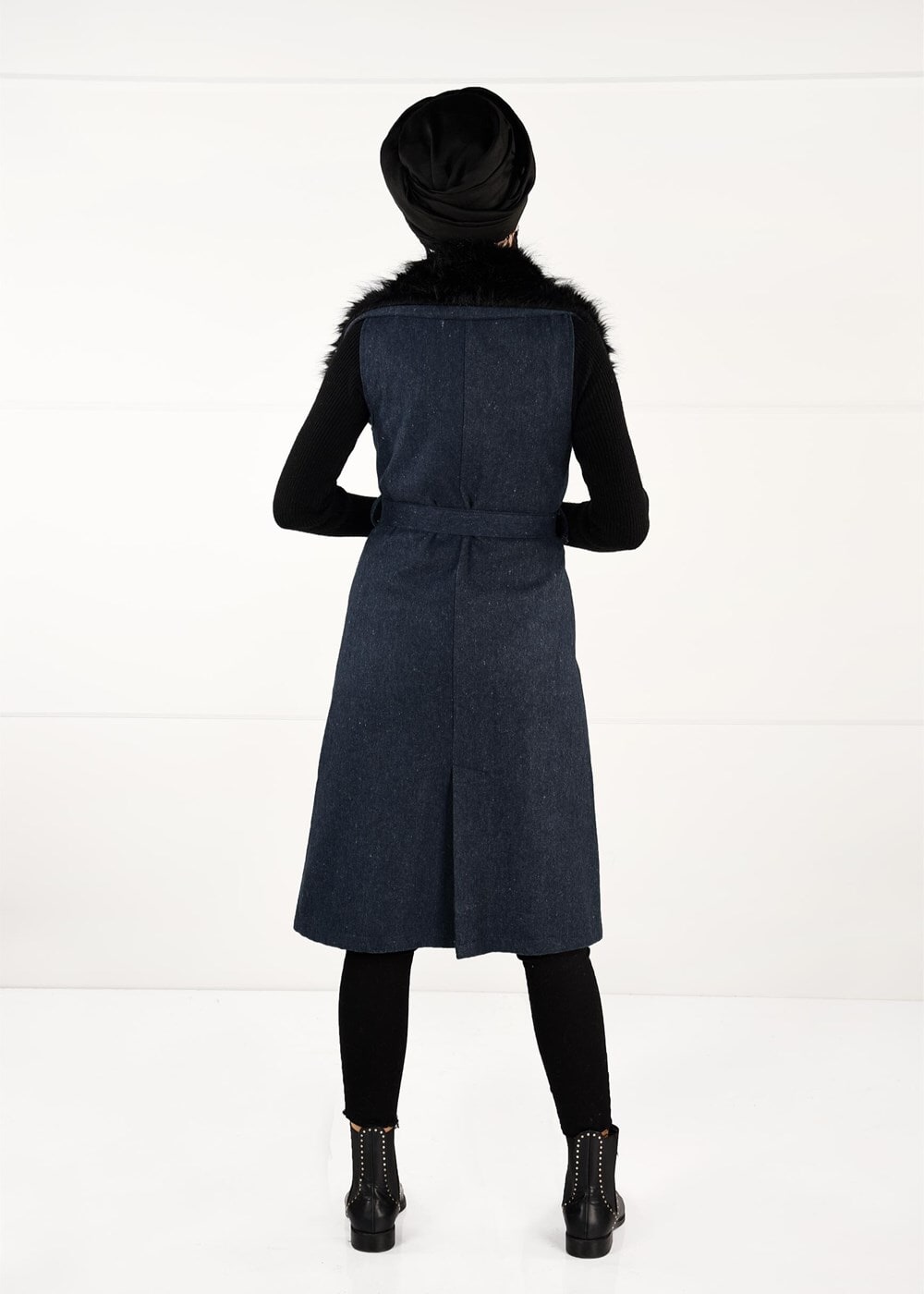 Tesettür giyim LACİVERT KÜRKLÜ KUŞAKLI YELEK 0748