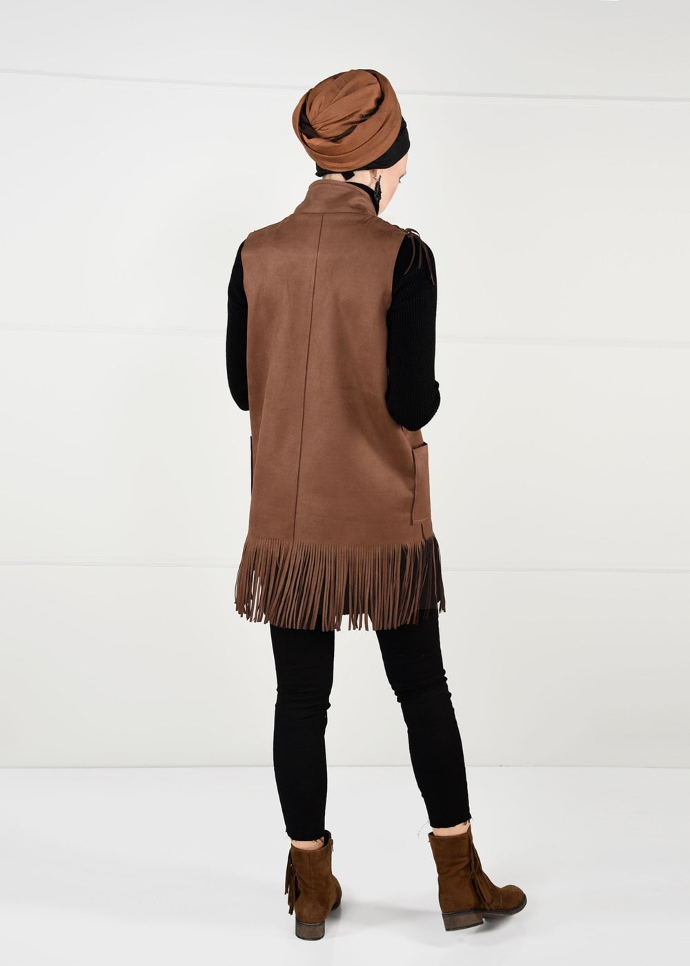 Tesettür giyim TABA PÜSKÜLLÜ CEPLİ SÜET YELEK 0778