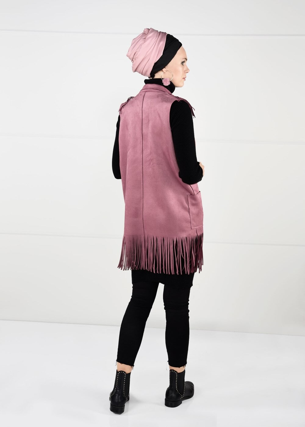 Tesettür giyim PEMBE PÜSKÜLLÜ CEPLİ SÜET YELEK 0778