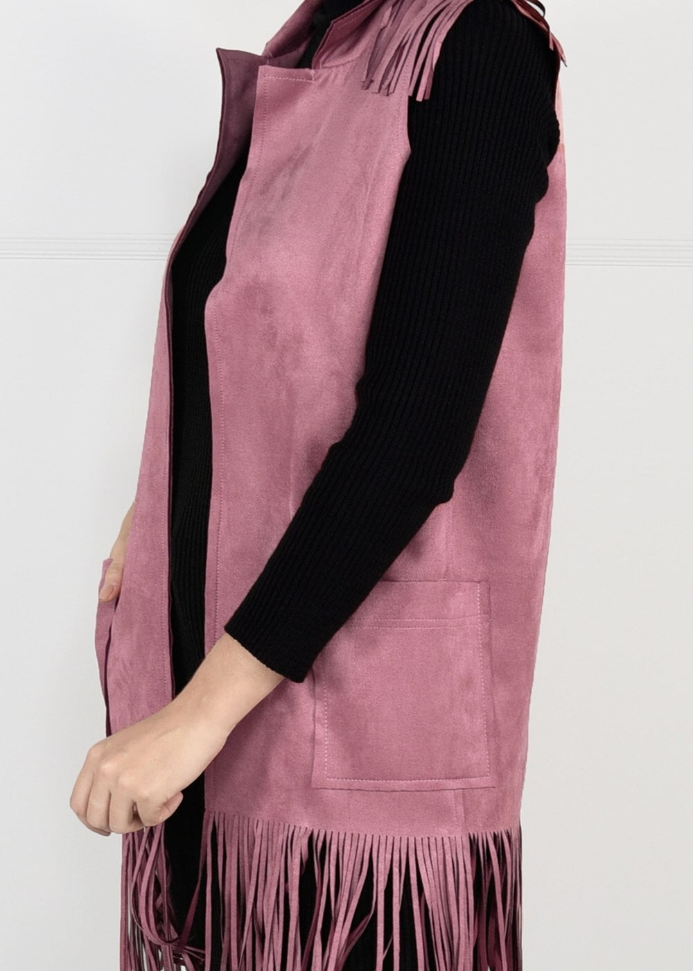 Tesettür giyim PEMBE PÜSKÜLLÜ CEPLİ SÜET YELEK 0778