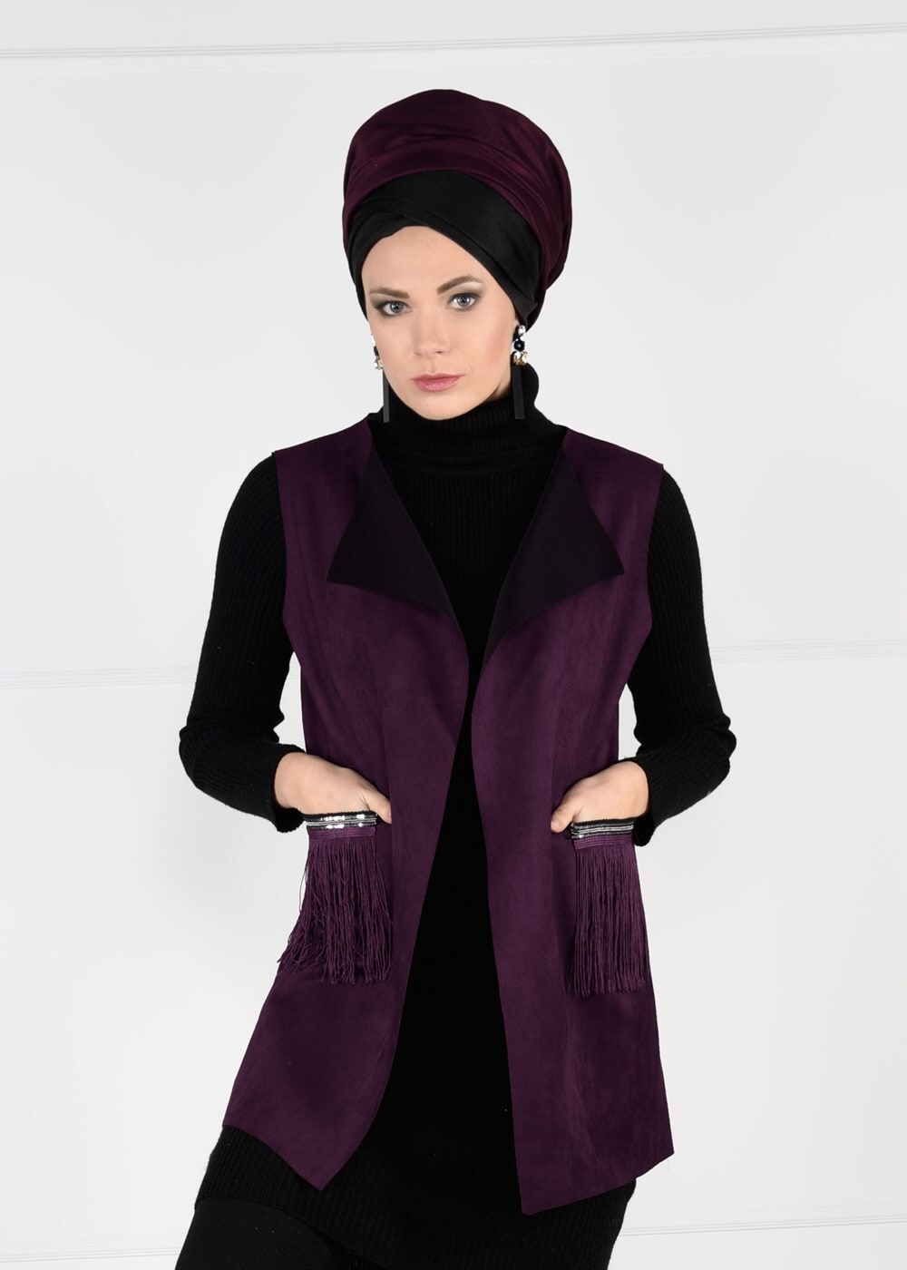 Vêtements hijab ROUGE BORDEAUX GILET EN DAIM À FRANGES 1758 