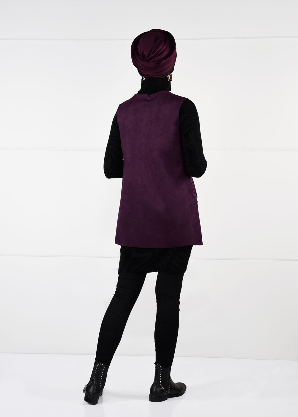 Vêtements hijab ROUGE BORDEAUX GILET EN DAIM À FRANGES 1758 