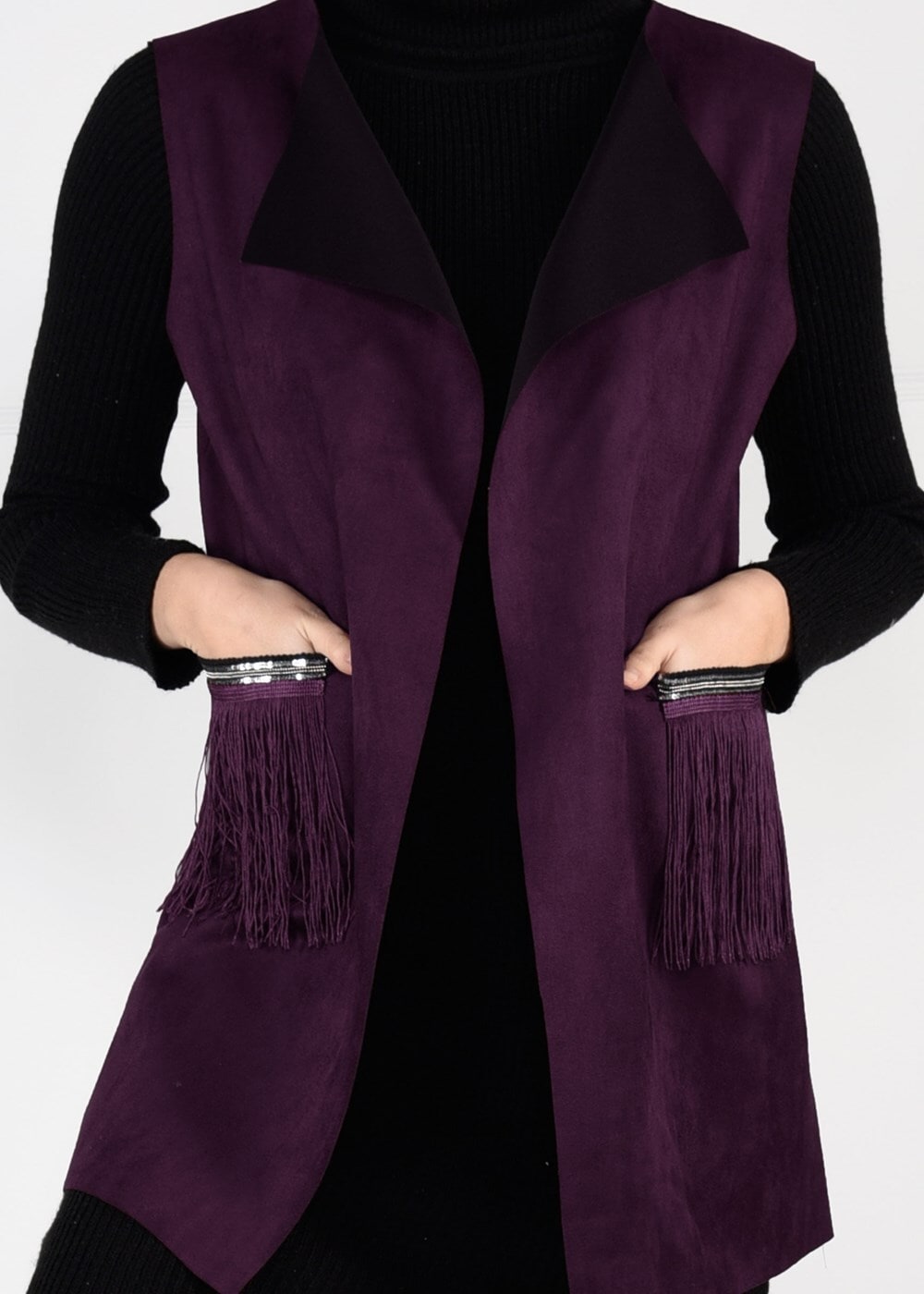 Vêtements hijab ROUGE BORDEAUX GILET EN DAIM À FRANGES 1758 