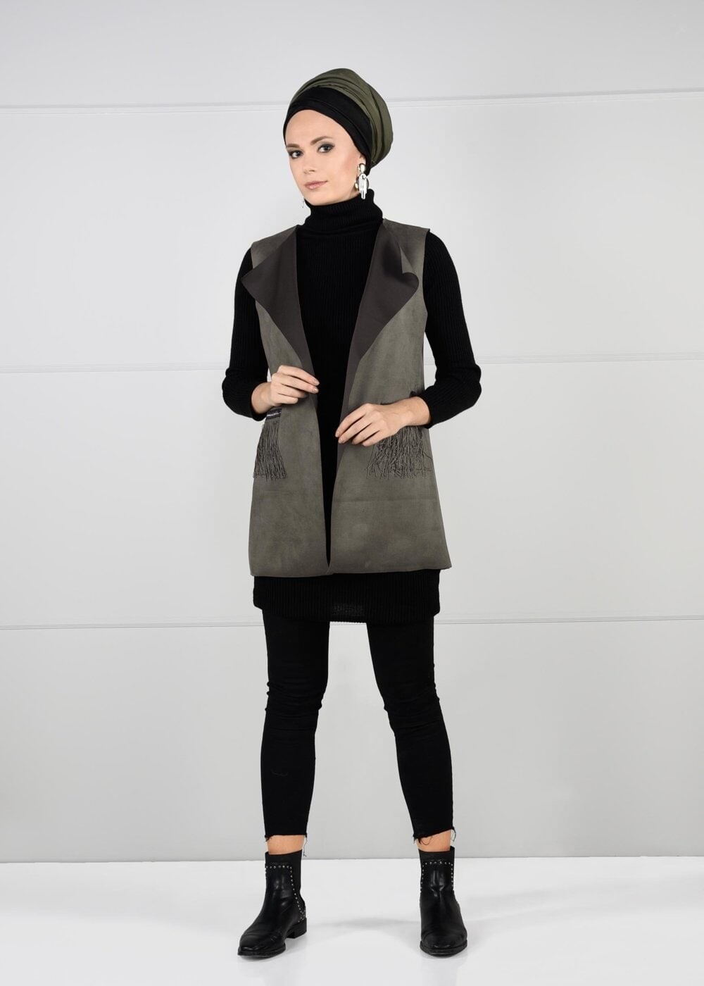 Hijab clothing KHAKI FRINGED SUEDE VEST 1758 