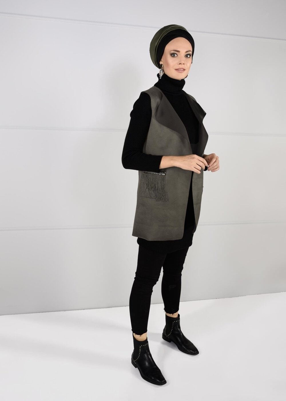 Hijab clothing KHAKI FRINGED SUEDE VEST 1758 