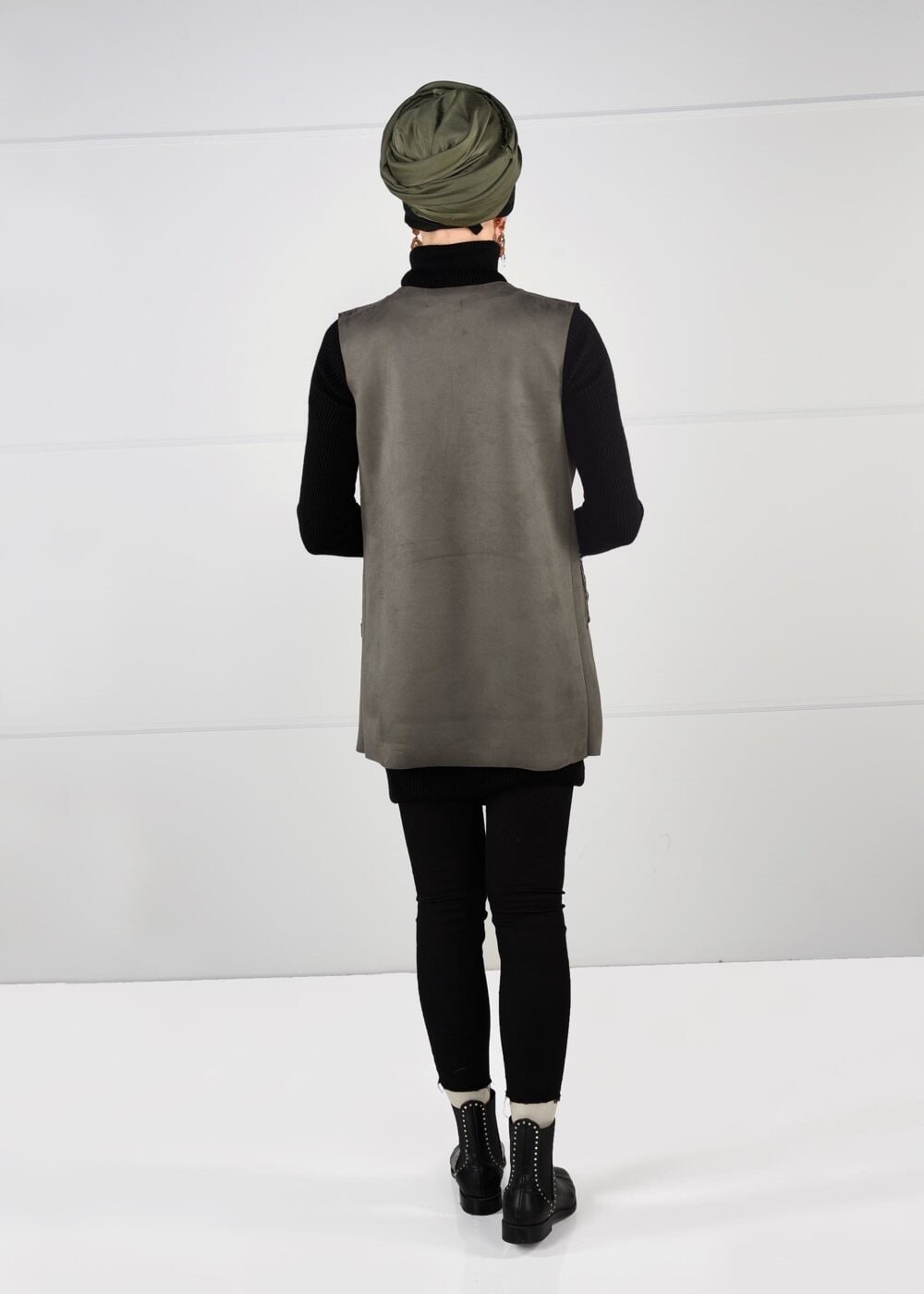 Hijab clothing KHAKI FRINGED SUEDE VEST 1758 