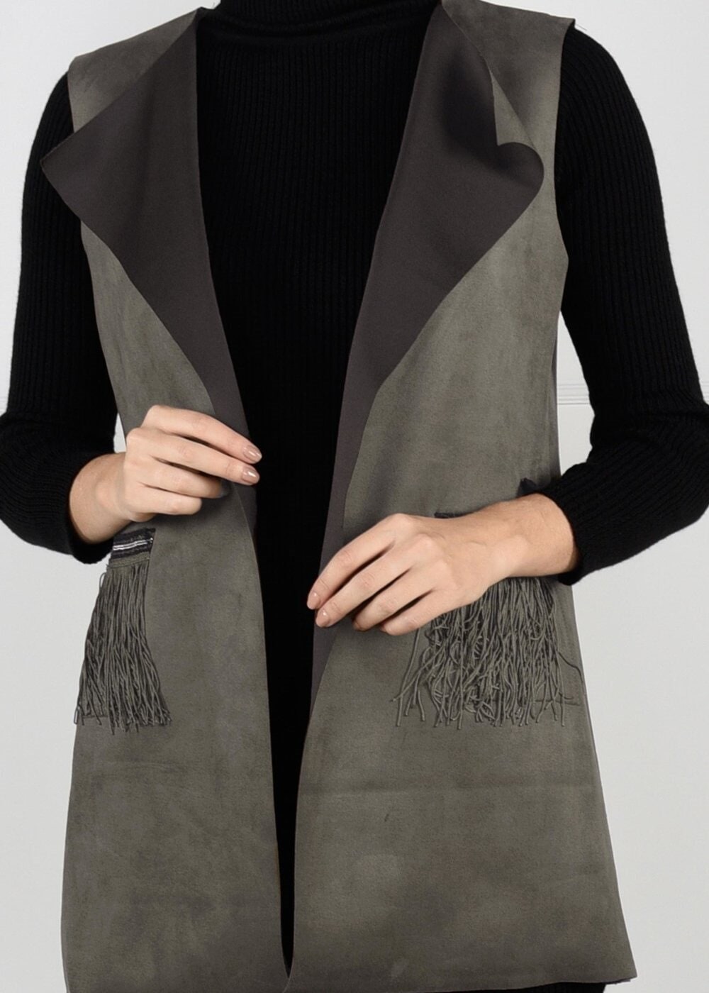 Hijab clothing KHAKI FRINGED SUEDE VEST 1758 