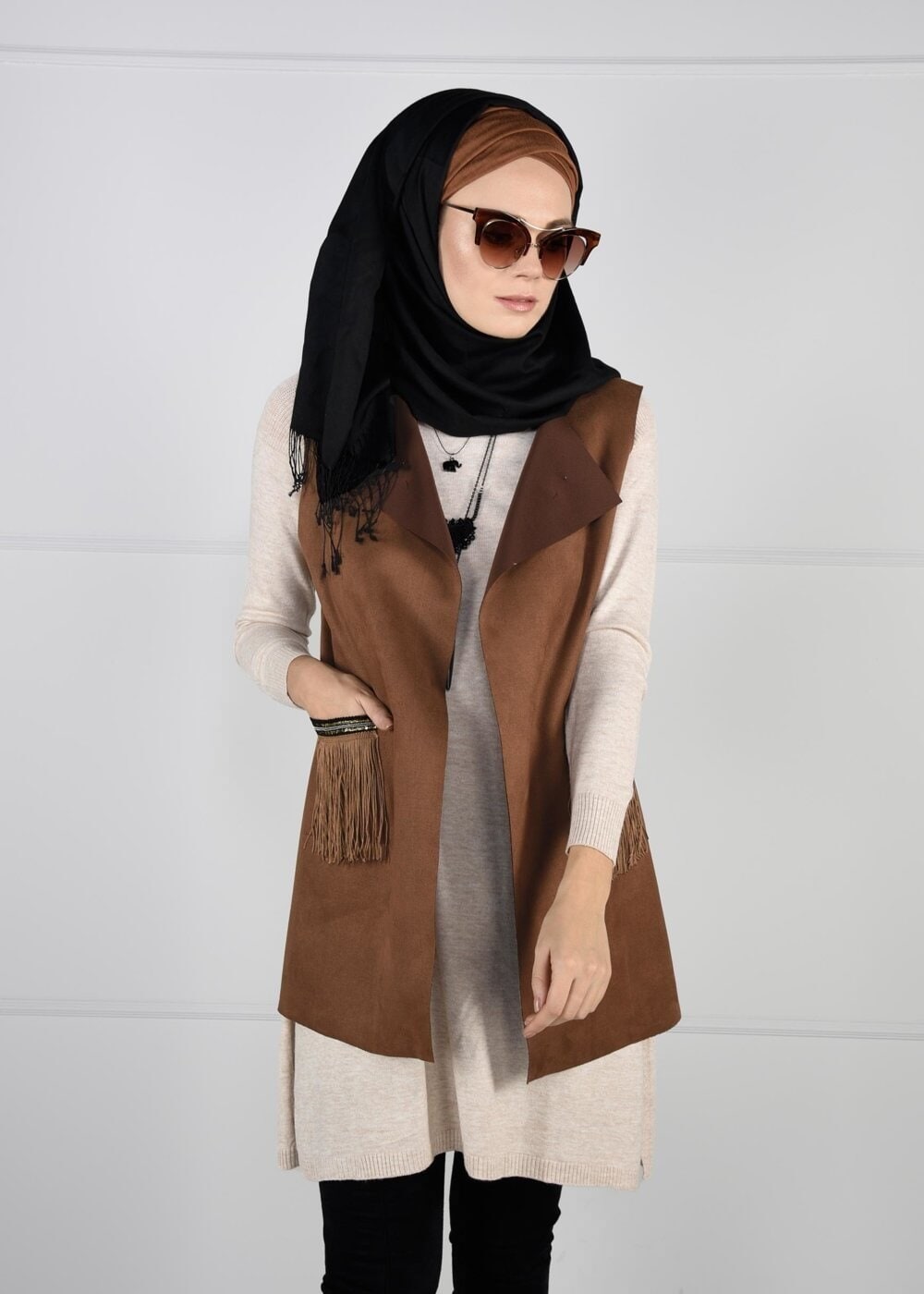 Tesettür giyim TABA PÜSKÜL DETAYLI SÜET YELEK 1758