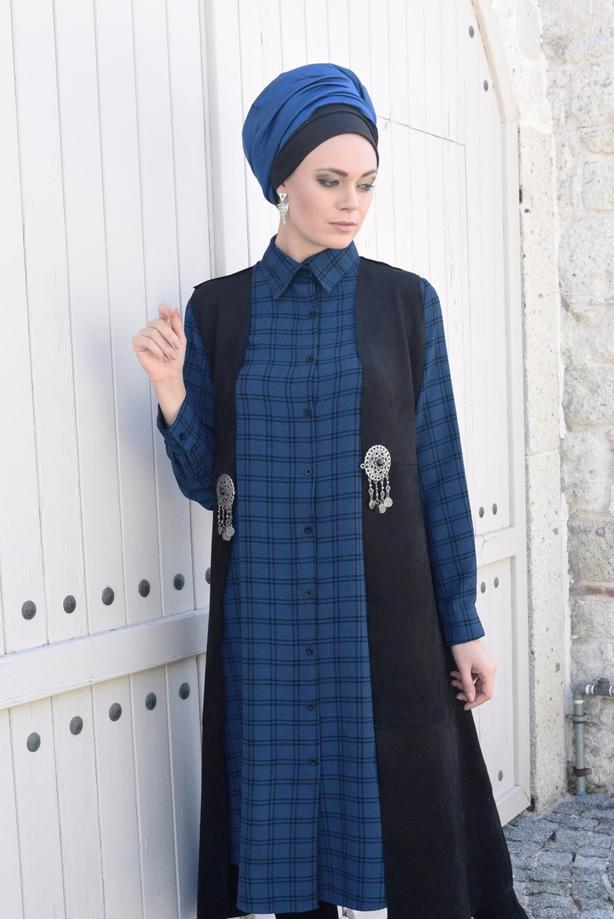 Tesettür giyim  BELİ DETAYLI LİKRALI SÜET YELEK 2390 - TRENDTESETTÜR
